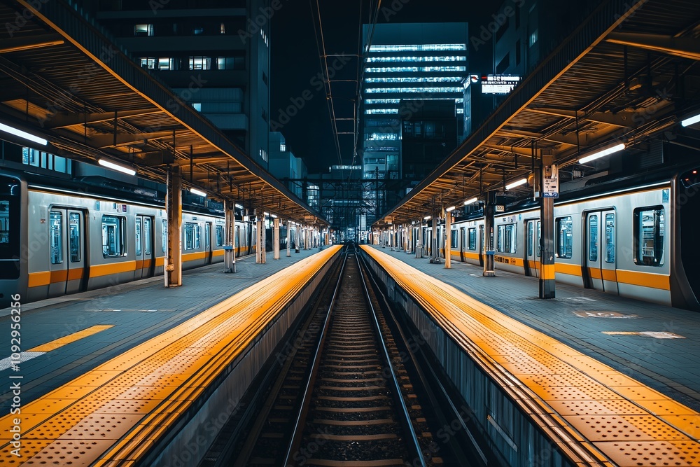 Fototapeta premium An atmospheric nighttime scene of trains and platforms in a modern city station.