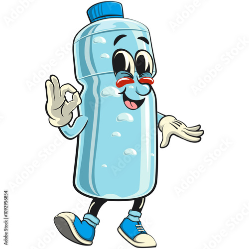 water plastic bottle cartoon mascot character dancing while giving the okay sign, vector illustration isolated, work of hand drawn