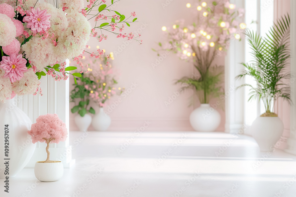 Delicate pink flowers and greenery enhance a serene, bright space with a charming atmosphere, inviting tranquility Delicate pink flowers and greenery enhance a serene, bright space with a charming atmosphere, inviting tranquility