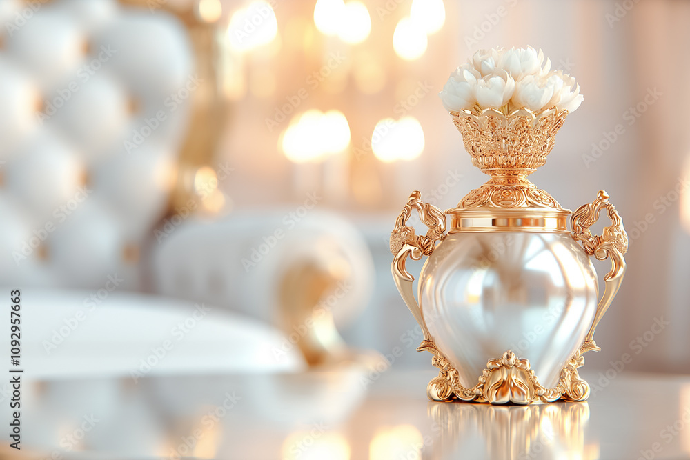 Fototapeta premium The luxurious sitting room boasts lavish decor and a flower-filled vase, creating an inviting atmosphere