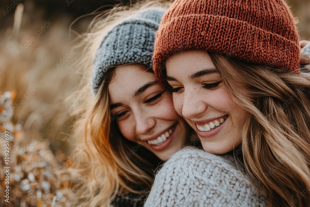 Two smiling young women wearing knitted hats are hugging outdoors Two smiling young women wearing knitted hats are hugging outdoors