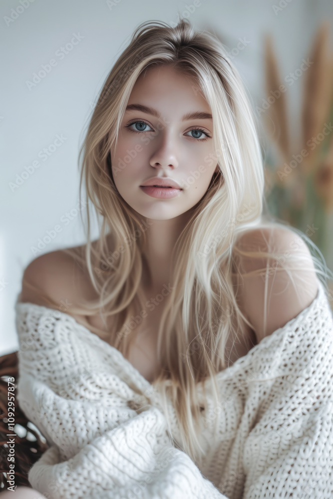 Serene Young Woman in Soft Knitted Sweater with Natural Light and Neutral Background Serene Young Woman in Soft Knitted Sweater with Natural Light and Neutral Background