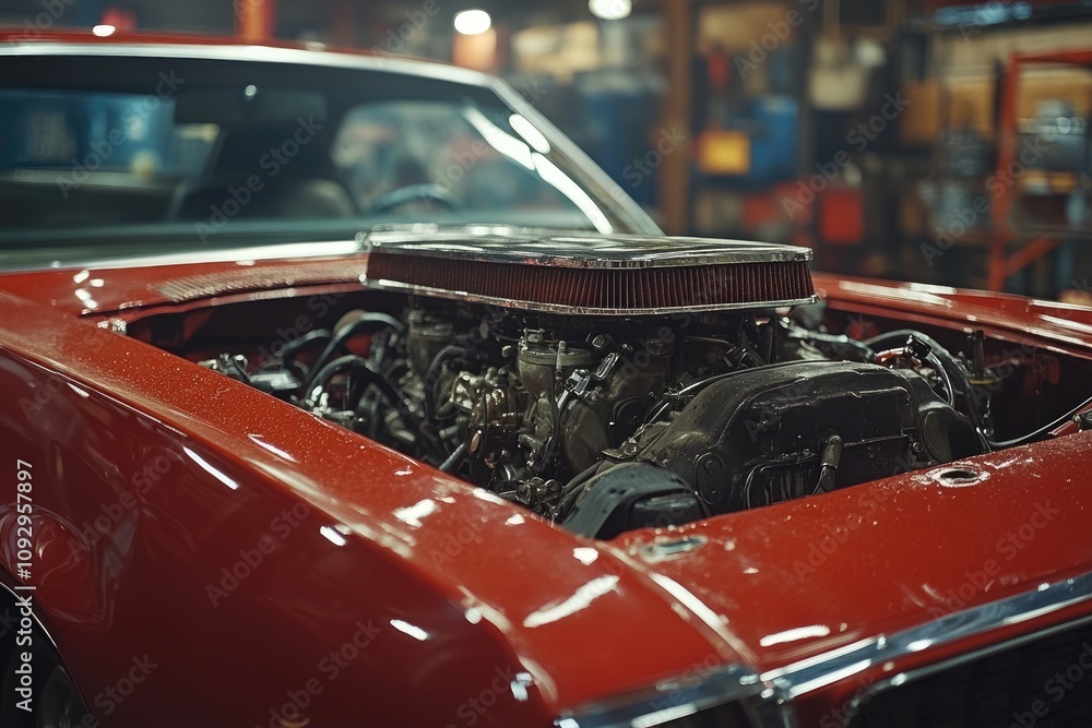 Powerful engine showing its potential in a red classic car Powerful engine showing its potential in a red classic car
