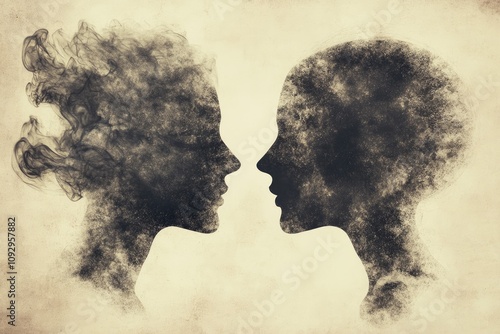 Two silhouettes facing each other, communicating nonverbally through smoke and dust photo