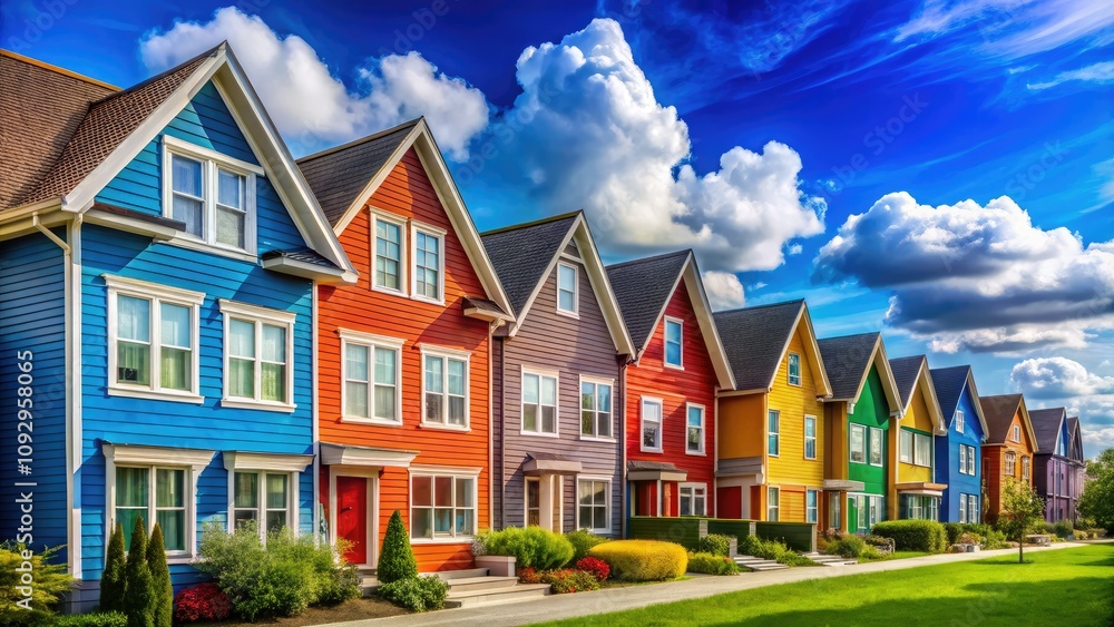 Brightly colored homes under a clear blue sky showcase contemporary architecture, reflecting a community spirit and modern living at its finest in real estate. Brightly colored homes under a clear blue sky showcase contemporary architecture, reflecting a community spirit and modern living at its finest in real estate.