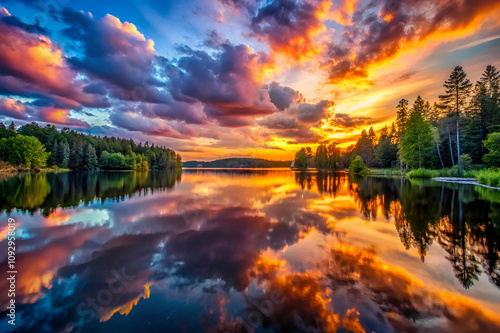 A beautiful sunset over a lake with trees in the background