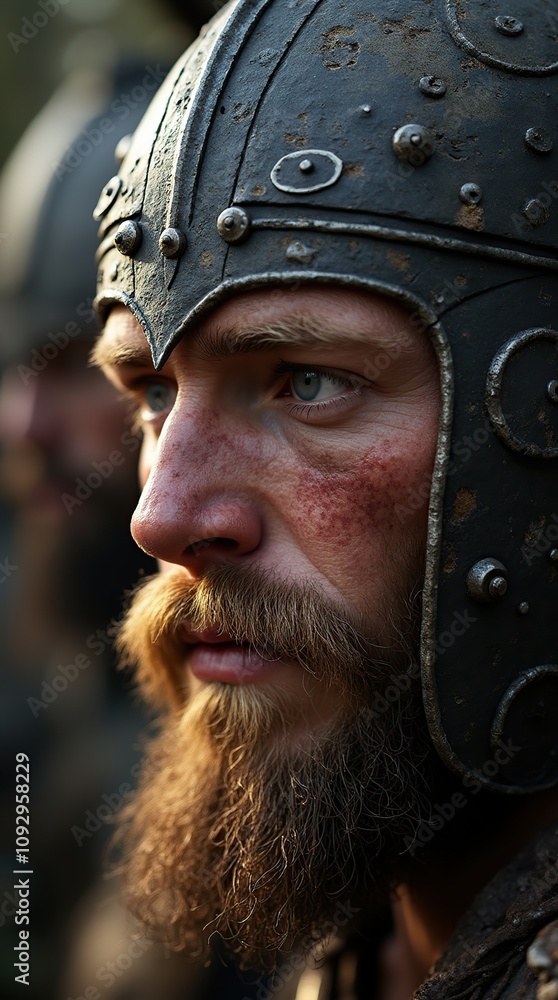 Close-Up Portrait of Ancient Viking Warrior in Metal Helmet Close-Up Portrait of Ancient Viking Warrior in Metal Helmet