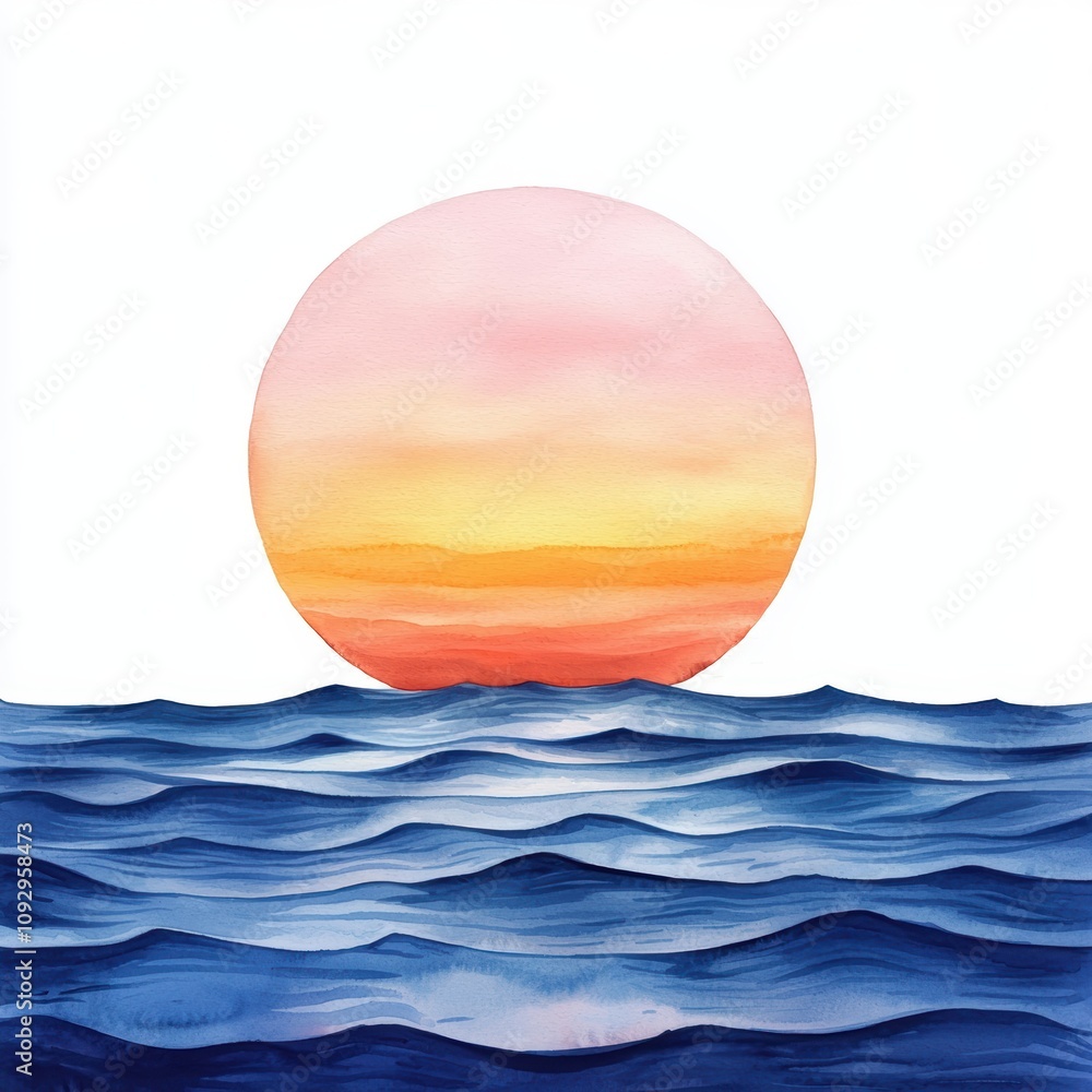 A painting of a sunset over the ocean with a large sun in the center A painting of a sunset over the ocean with a large sun in the center