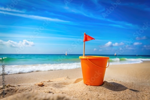 Bright orange bucket with a flag sits on a sunny beach, showcasing minimalist summer vibes, vibrant colors, clear blue sky, ocean backdrop, and tranquil scenery.