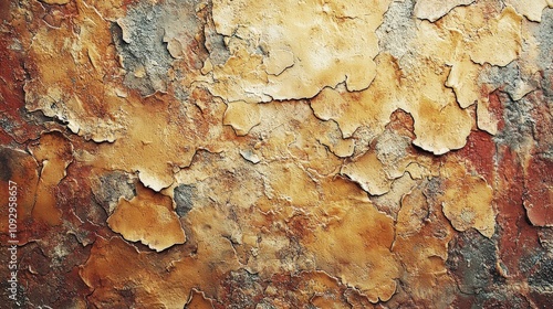 An intriguing peeling texture in shades of yellow and brown creates a unique visual experience, representing wear and time, suitable for both artistic and commercial applications.