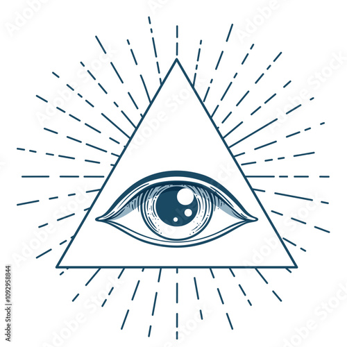 Blackwork tattoo flash. Eye of Providence. Masonic symbol. All seeing eye inside triangle pyramid. New World Order. Sacred geometry, religion, spirituality, occultism. Isolated vector illustration