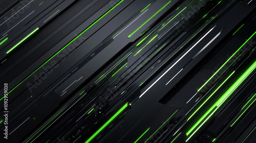 Dynamic Black and Neon Green Futuristic Background with Metallic Highlights and Sleek Lines