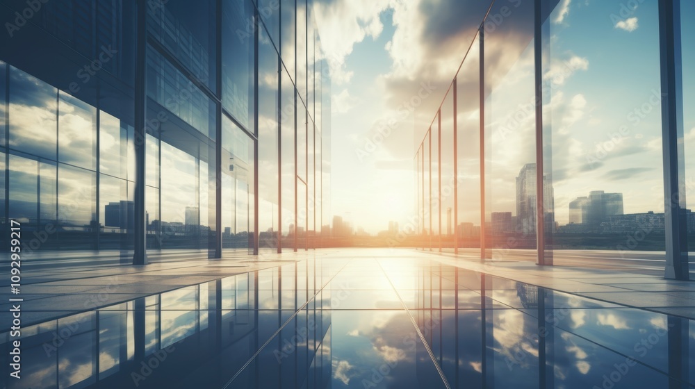 Obraz premium Modern office building or business center. High-rise window buildings made of glass reflect the clouds and the sunlight. empty street outside wall modernity civilization. growing up business