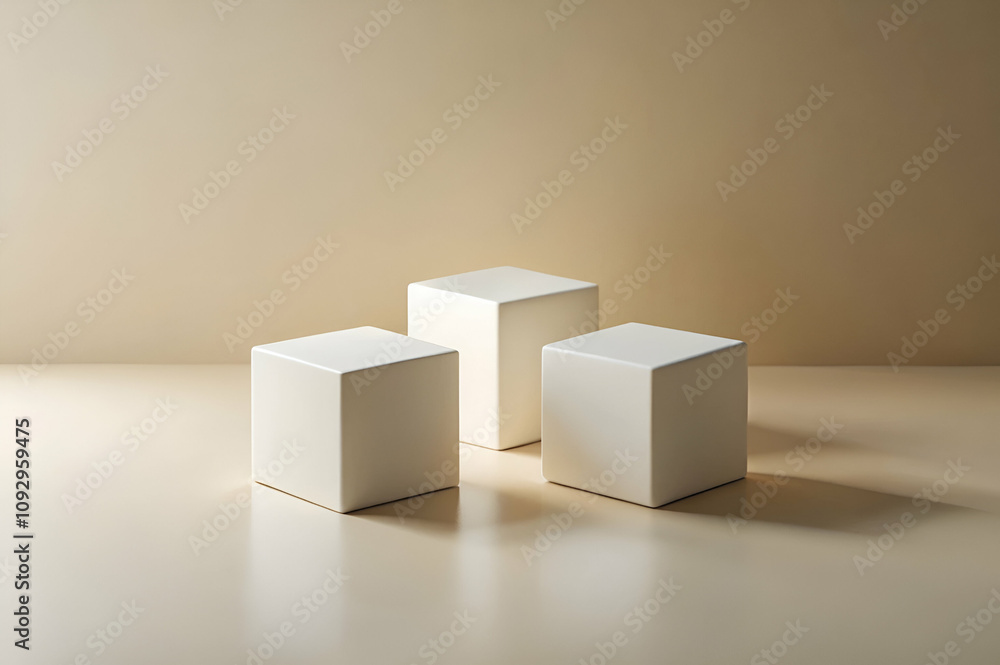 Three white cubes are standing on a white floor Three white cubes are standing on a white floor