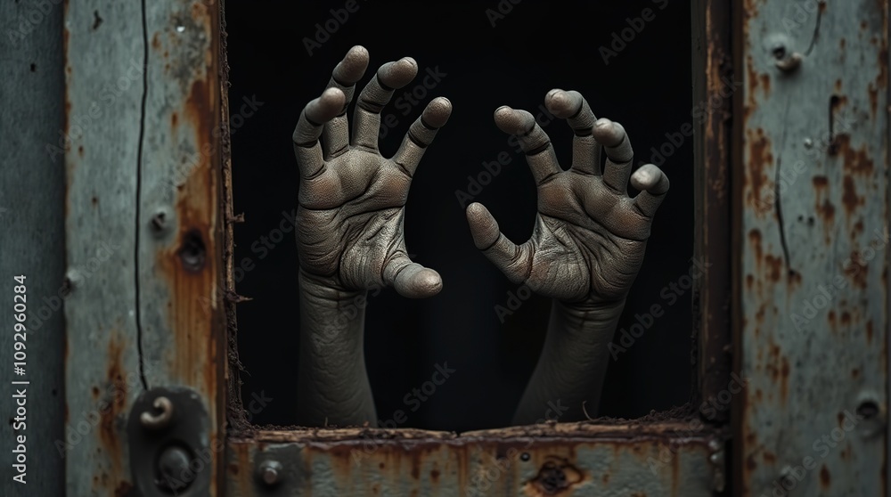Zombie Hands Emerging Through Rusty Wooden Frame in Darkness Zombie Hands Emerging Through Rusty Wooden Frame in Darkness