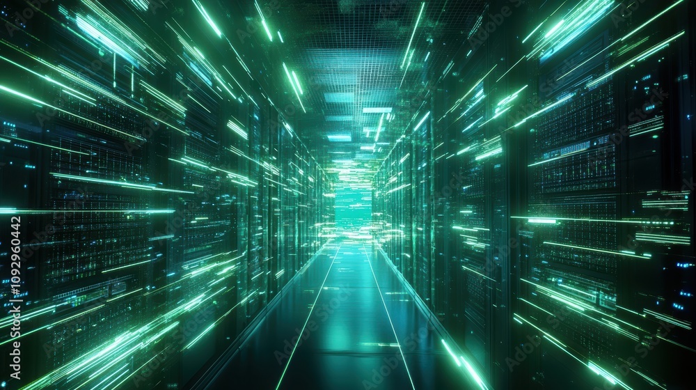 Shot of Corridor in Working Data Center Full of Rack Servers and Supercomputers with Internet connection Visualization Projection, technology, digital, futuristic, future, Shot of Corridor in Working Data Center Full of Rack Servers and Supercomputers with Internet connection Visualization Projection, technology, digital, futuristic, future,