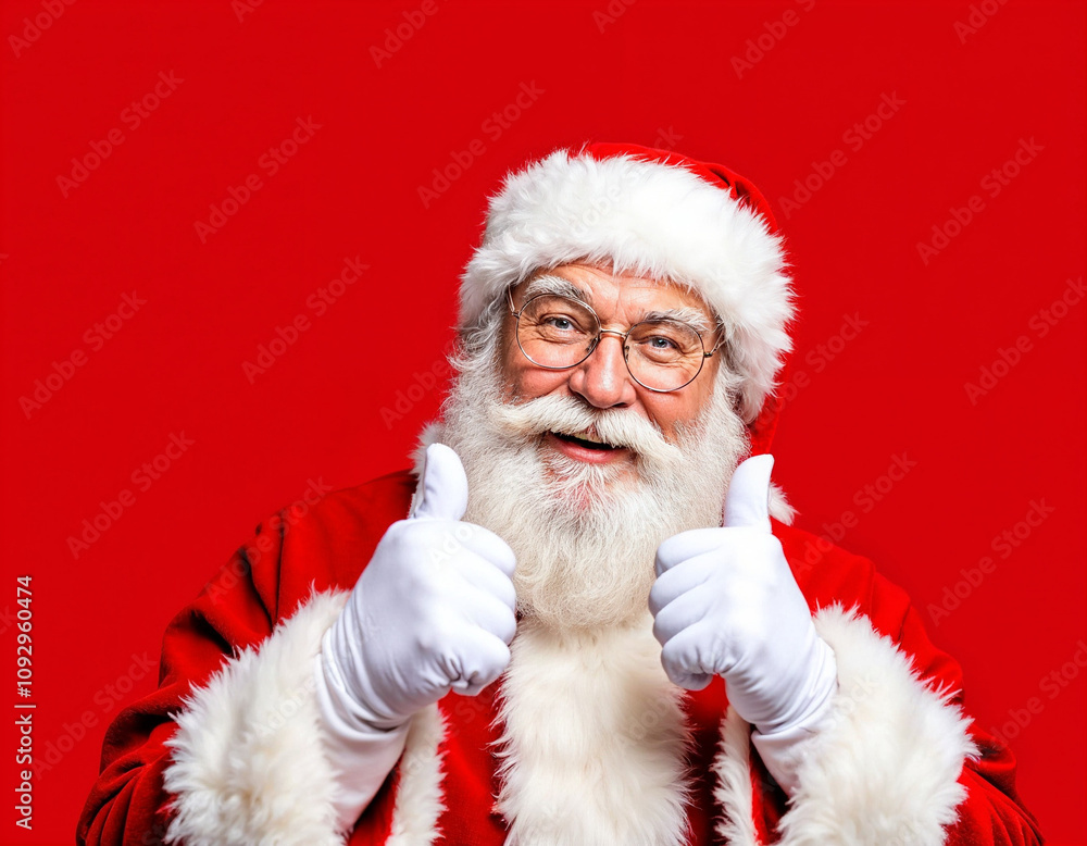 happy santa claus pointing at blank space for christmas event announcement on bright red background happy santa claus pointing at blank space for christmas event announcement on bright red background