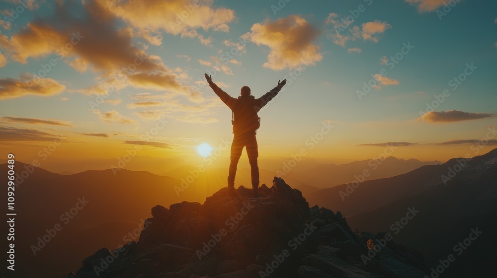 Silhouette of business male stand and feel happy on the most hight at the mountain on sunset, success, leader, teamwork, target, Aim, confident, achievement, goal, on plan, finish, generate by AI Silhouette of business male stand and feel happy on the most hight at the mountain on sunset, success, leader, teamwork, target, Aim, confident, achievement, goal, on plan, finish, generate by AI