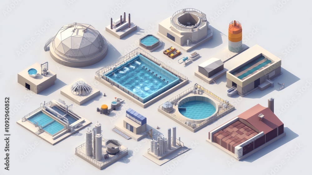 A collection of industrial facilities, including pools and processing plants. A collection of industrial facilities, including pools and processing plants.