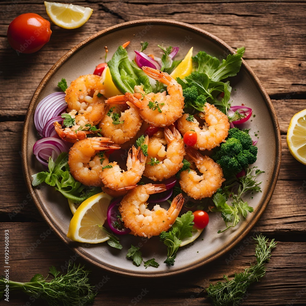 Fried shrimp and vegetable on plate. Fried shrimp and vegetable on plate.