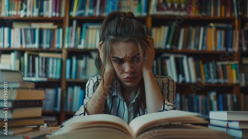 student woman have anxiety because of exams, female prepare for test and learning lessons in the library. stress, despair, haste, misunderstanding reading, discouraged, expectation, knowledge