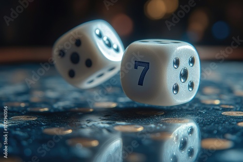 A pair of dice rolling on a casino table, sharp focus on one die showing '7', with blurred background and copyspace photo