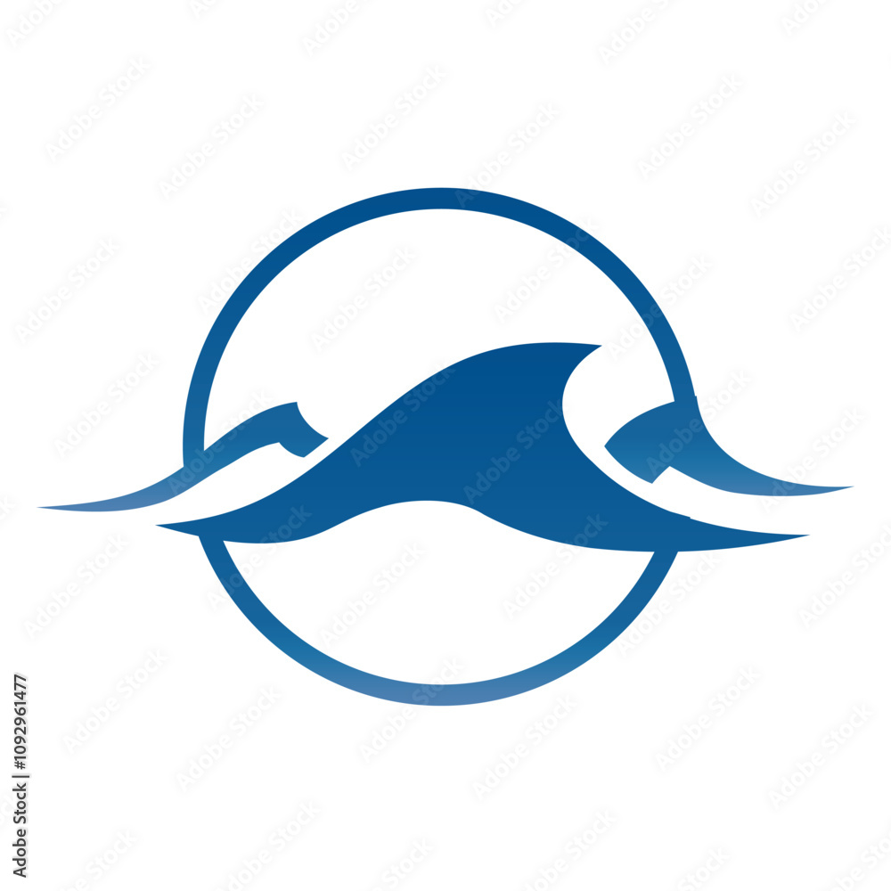 This is an abstract flat logo of a wave in blue color in round circle shape on a white background This is an abstract flat logo of a wave in blue color in round circle shape on a white background