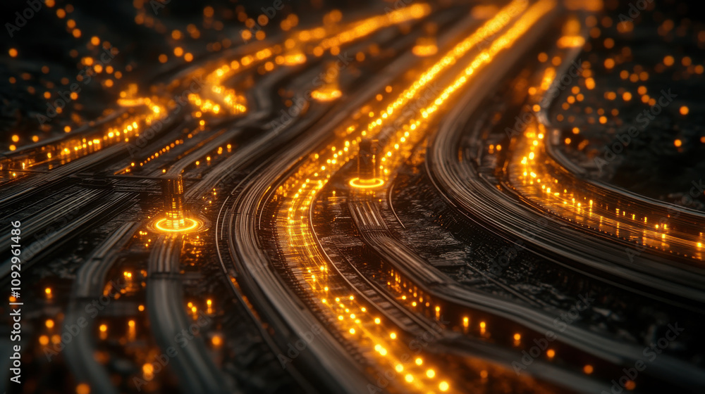 vibrant 3D visualization of interconnected supply lines glowing in orange vibrant 3D visualization of interconnected supply lines glowing in orange