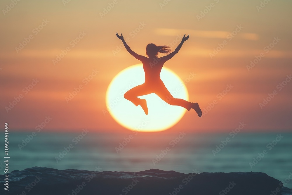 A silhouette of a person doing jumping jacks at sunrise, ocean horizon in the background with ample text room A silhouette of a person doing jumping jacks at sunrise, ocean horizon in the background with ample text room