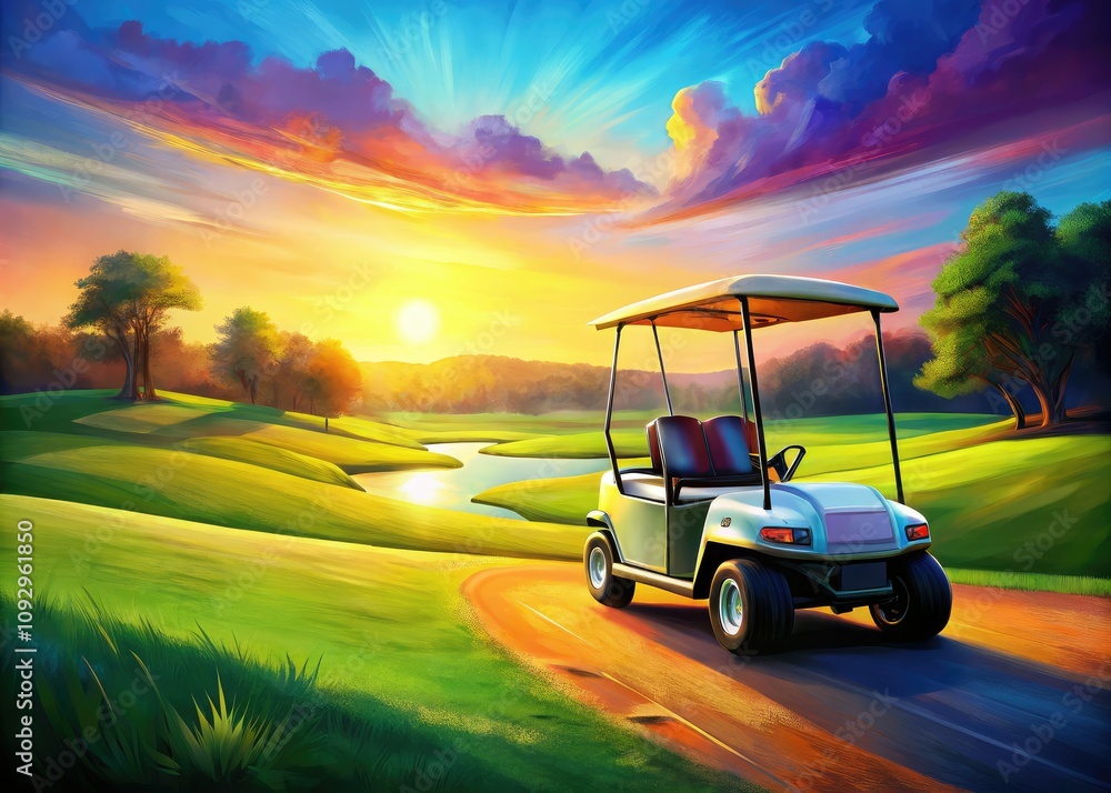 Captivating portrait of a chic golf cart, ideal for golf lovers and outdoor fun, exuding elegance and joy amidst a vibrant green backdrop.