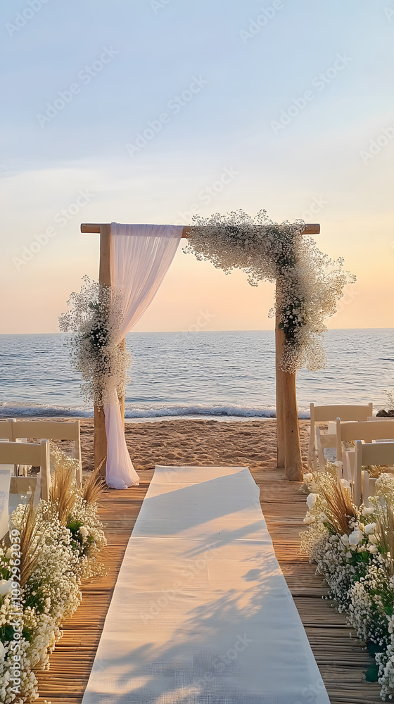Fototapeta premium Romantic Beach Sunset Wedding with Elegant Pastel Decor 