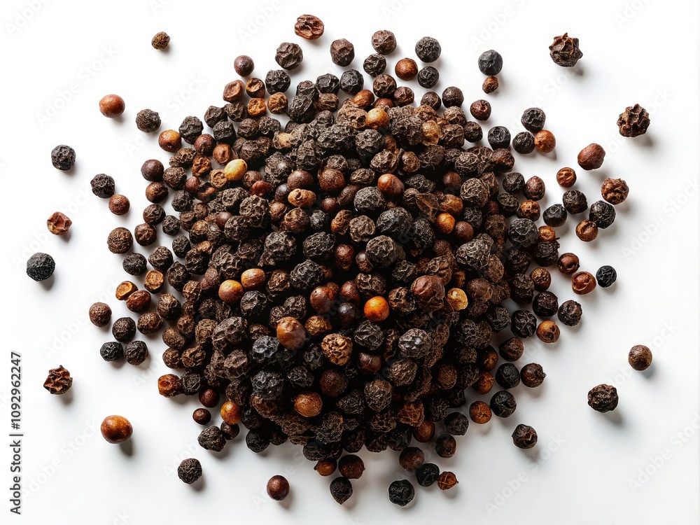 Capture a close-up aerial view of black pepper seeds on a white surface, highlighting their texture and color for culinary applications in gourmet cooking. Capture a close-up aerial view of black pepper seeds on a white surface, highlighting their texture and color for culinary applications in gourmet cooking.