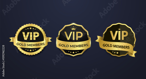 Three gold VIP gold member badges with different designs on a black background