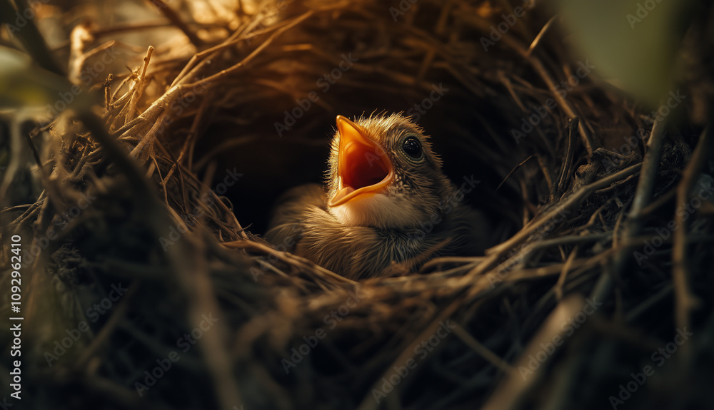 a baby bird in its nest, its mouth open, waiting to be fed a baby bird in its nest, its mouth open, waiting to be fed