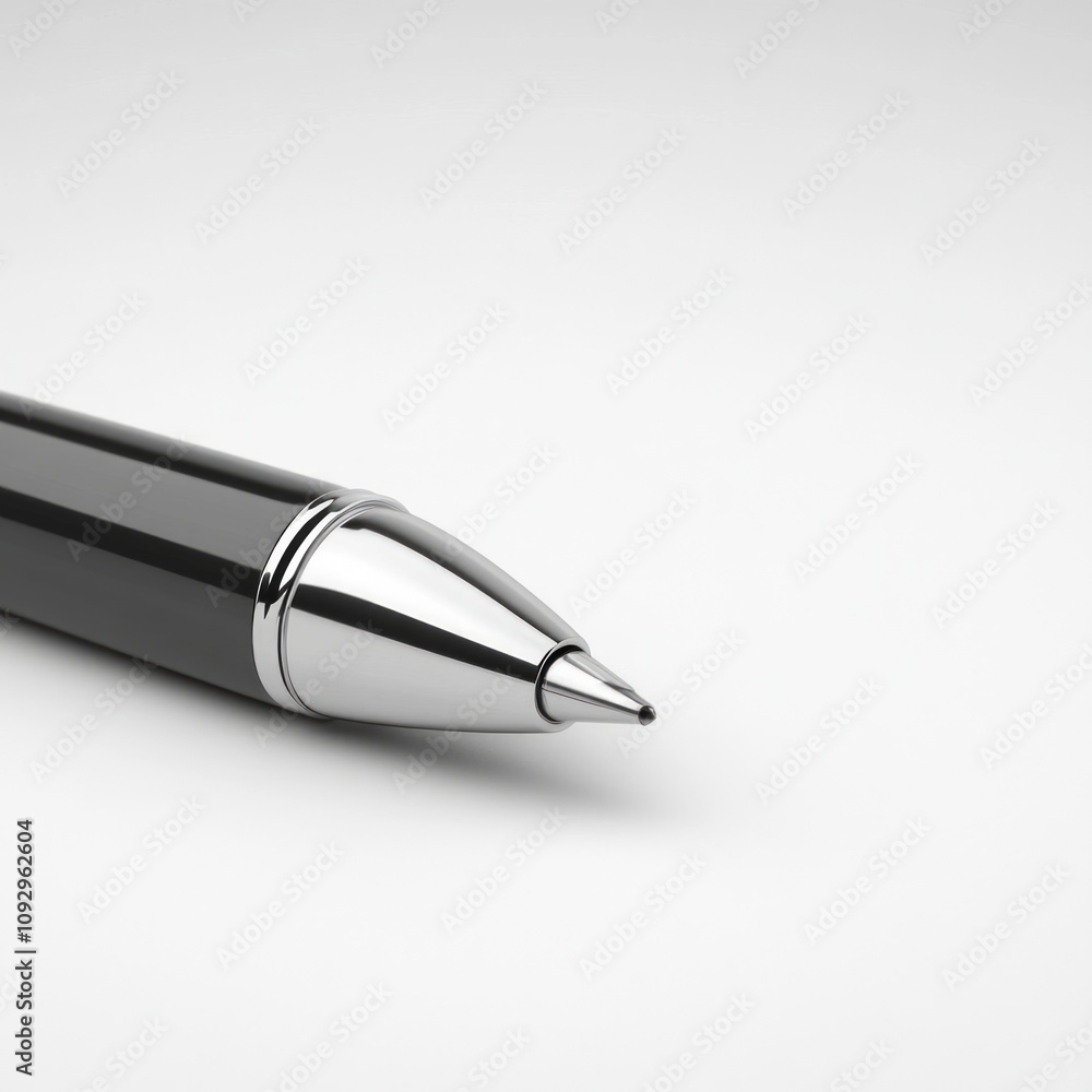 Close-up of a sleek black pen with a silver tip, isolated on a white background. Close-up of a sleek black pen with a silver tip, isolated on a white background.