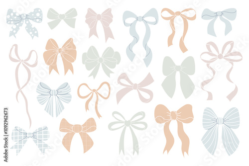 Coquette aesthetic tender pastel bow ribbon collection. Isolated Trendy textured hand drawn elements girly accessories on white. Vector illustration