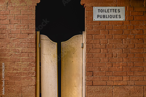 Public restroom door on brick
