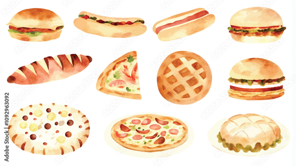 Set of hand drawn fast food icons. Vector illustration in watercolor style. Set of hand drawn fast food icons. Vector illustration in watercolor style.
