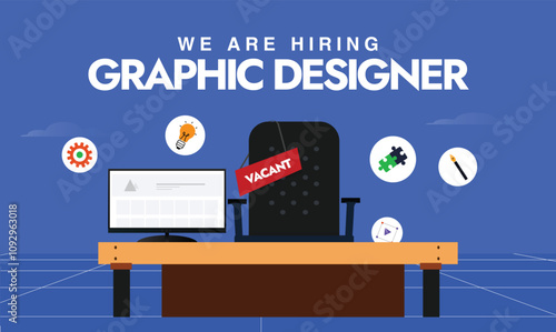 We are hiring Graphic Designer. Hiring Graphic Designer post or cover template with graphic elements, monitor, vacant chair, office table, graphic tools. Job Vacancy Social Medi Hiring Post Template