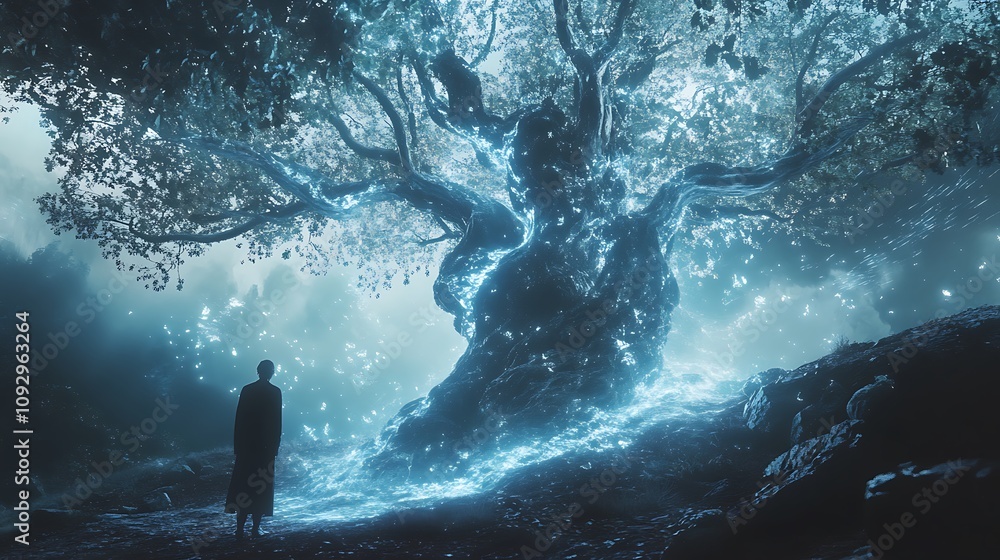 Obraz premium Person stands with the Mystical Glowing Tree for the concept of a mysterious view of a peaceful life.