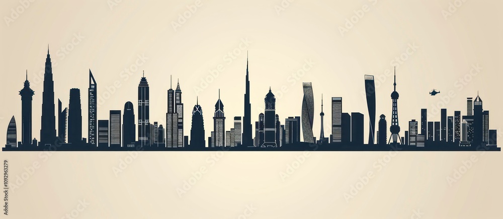 Obraz premium vector illustration of minimalist skyline with dubai, shanghai and tokyo buildings.