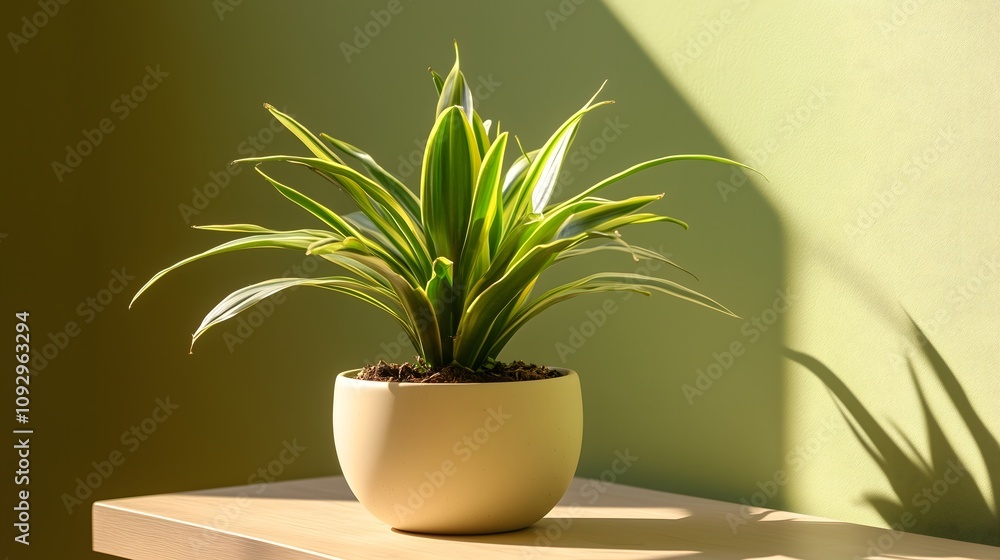 Modern white ceramic pot with spider plant on wooden shelf casting dramatic diagonal shadow against green wall in bright natural sunlight, copy space Modern white ceramic pot with spider plant on wooden shelf casting dramatic diagonal shadow against green wall in bright natural sunlight, copy space