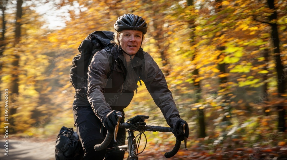 Cyclist in protective gear riding through a forest trai Cyclist in protective gear riding through a forest trai
