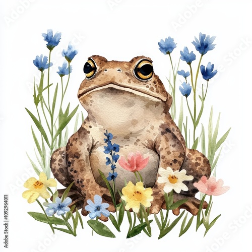 A frog is sitting in a field of flowers photo