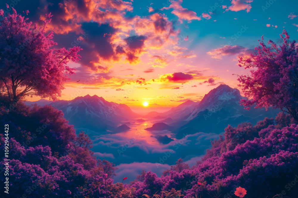 A beautiful sunset over a mountain range with trees and flowers A beautiful sunset over a mountain range with trees and flowers