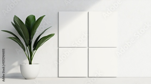 Modern interior design featuring blank canvases and a potted plant. Generative AI