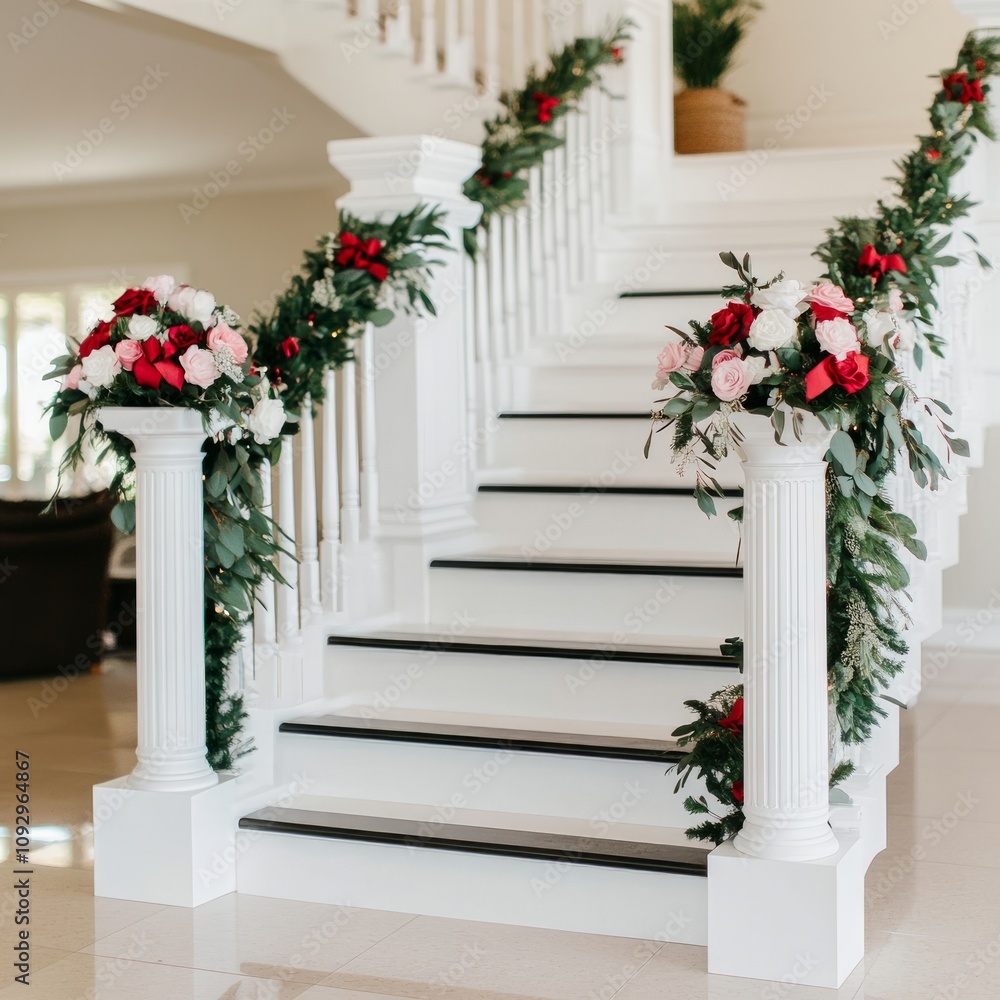 Elegant white staircase adorned with lush greenery, roses, and garland. Elegant white staircase adorned with lush greenery, roses, and garland.