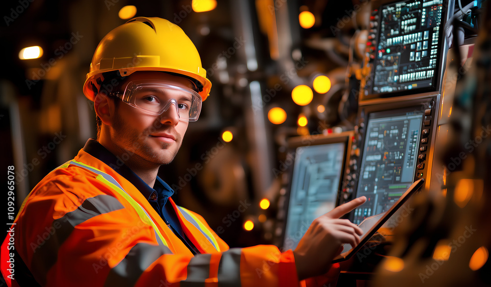 Factory workers and engineers working with laptops and equipment wearing safety helmets in an industrial warehouse Factory workers and engineers working with laptops and equipment wearing safety helmets in an industrial warehouse