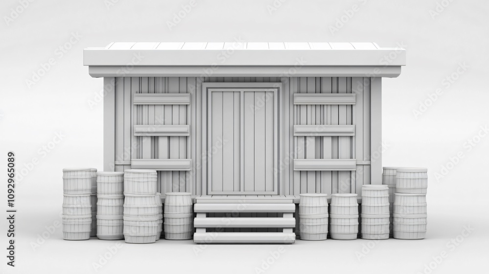 Wooden structure mock up with barrels in a minimalistic design setting. Generative AI Wooden structure mock up with barrels in a minimalistic design setting. Generative AI