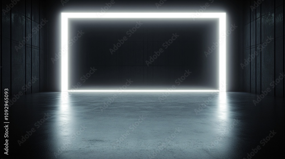 Bright illuminated rectangular frame mock up in a dark industrial space. Generative AI Bright illuminated rectangular frame mock up in a dark industrial space. Generative AI
